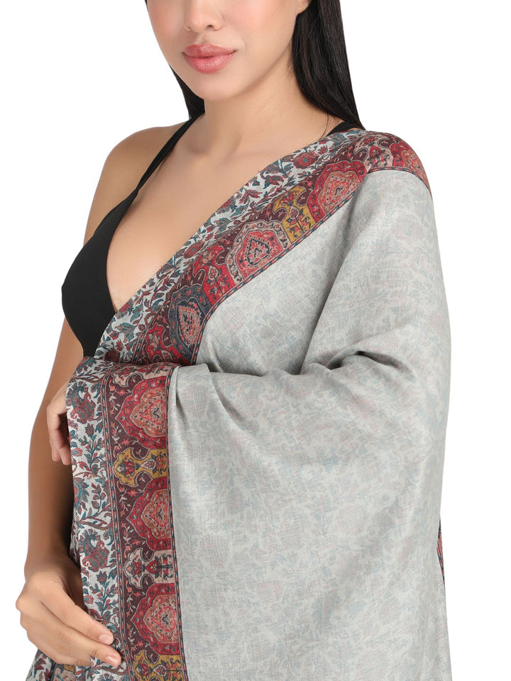 Him/Her Mughal Paisley Reversible Acrylic Wool Stole - 253 - Cream