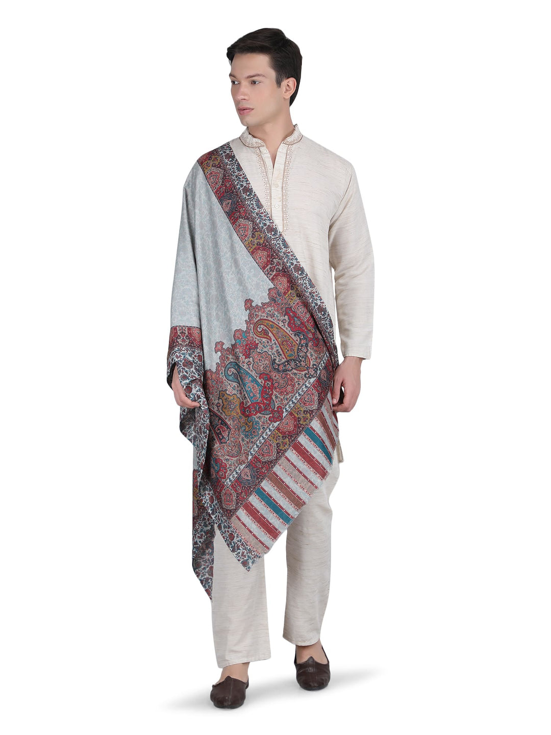 Him/Her Mughal Paisley Reversible Acrylic Wool Stole - 253 - Cream