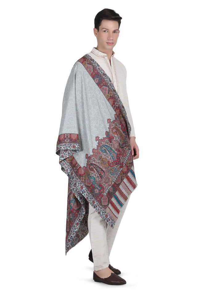 Him/Her Mughal Paisley Reversible Acrylic Wool Stole - 253 - Cream