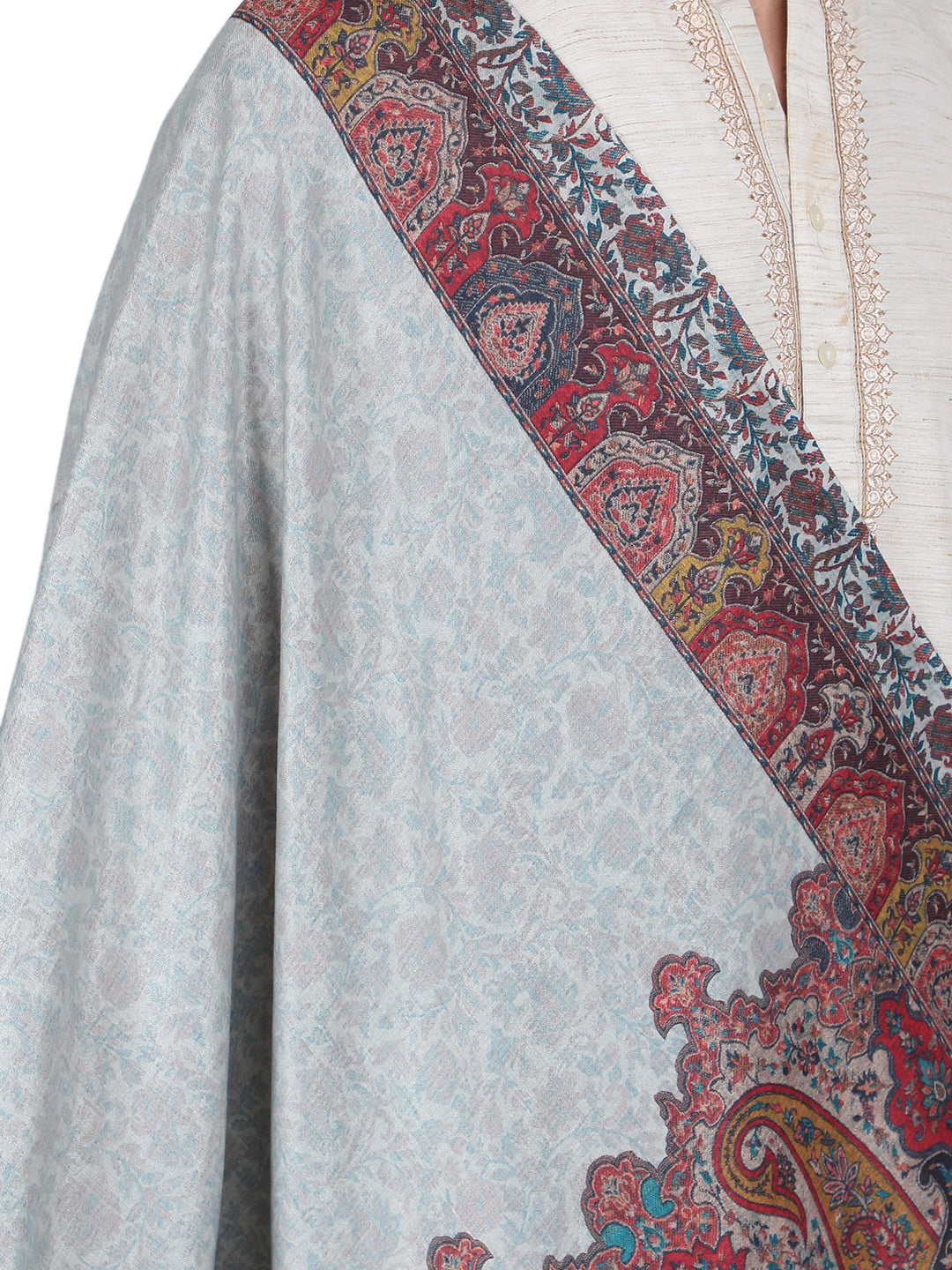 Him/Her Mughal Paisley Reversible Acrylic Wool Stole - 253 - Cream