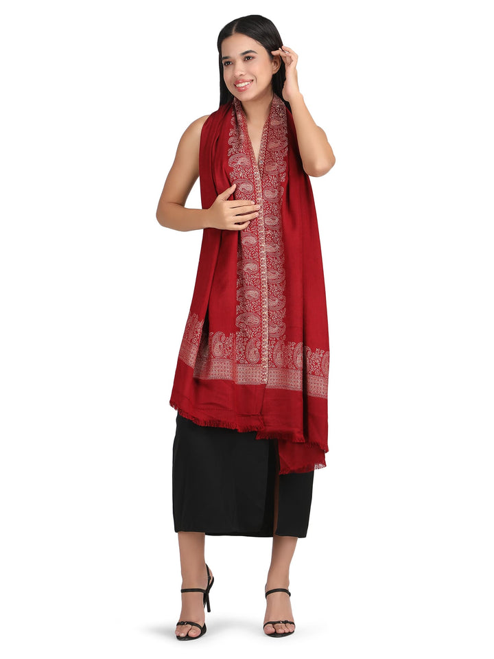 Him/Her Zari Paisley Border Acrylic Wool Stole- 259 (Red)