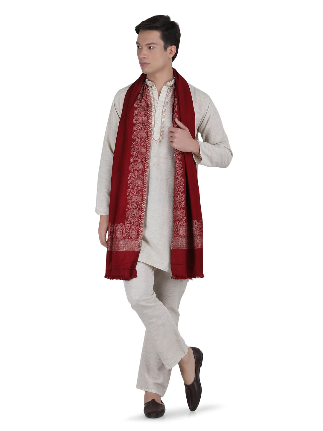 Him/Her Zari Paisley Border Acrylic Wool Stole- 259 (Red)