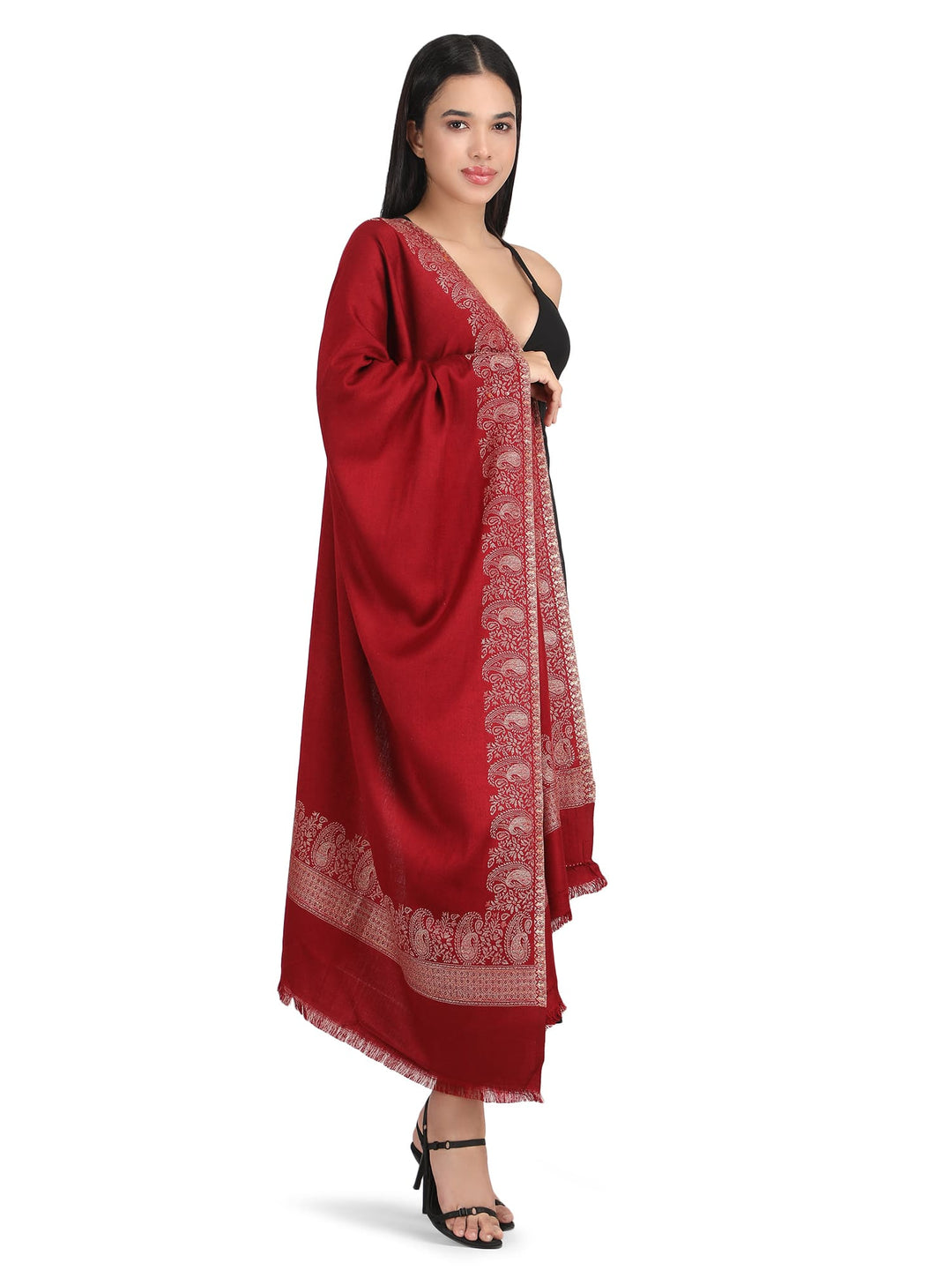 Him/Her Zari Paisley Border Acrylic Wool Stole- 259 (Red)