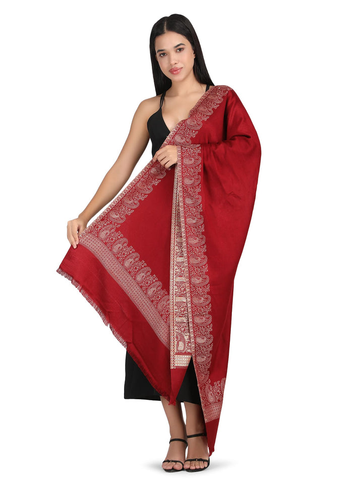 Him/Her Zari Paisley Border Acrylic Wool Stole- 259 (Red)