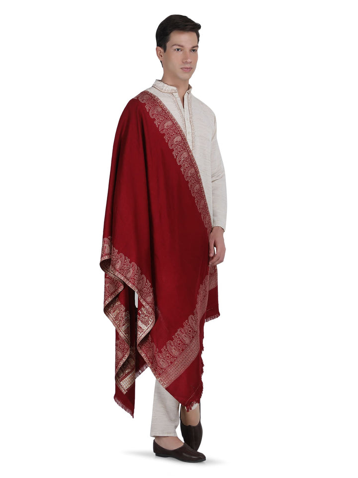 Him/Her Zari Paisley Border Acrylic Wool Stole- 259 (Red)