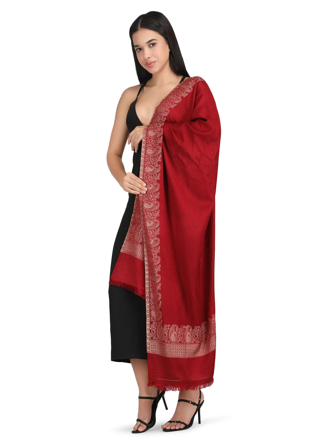 Him/Her Zari Paisley Border Acrylic Wool Stole- 259 (Red)