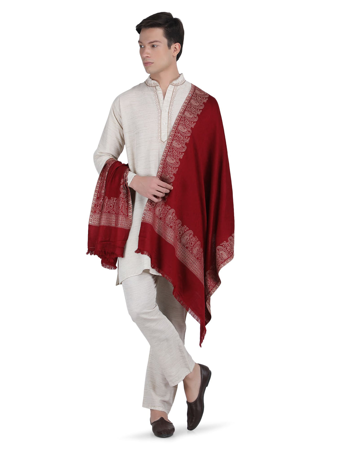 Him/Her Zari Paisley Border Acrylic Wool Stole- 259 (Red)