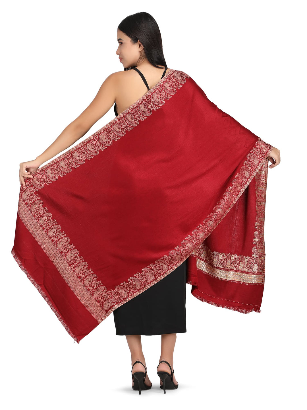 Him/Her Zari Paisley Border Acrylic Wool Stole- 259 (Red)