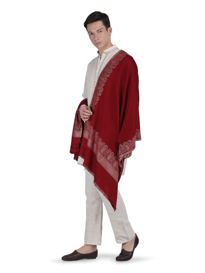 Him/Her Zari Paisley Border Acrylic Wool Stole- 259 (Red)