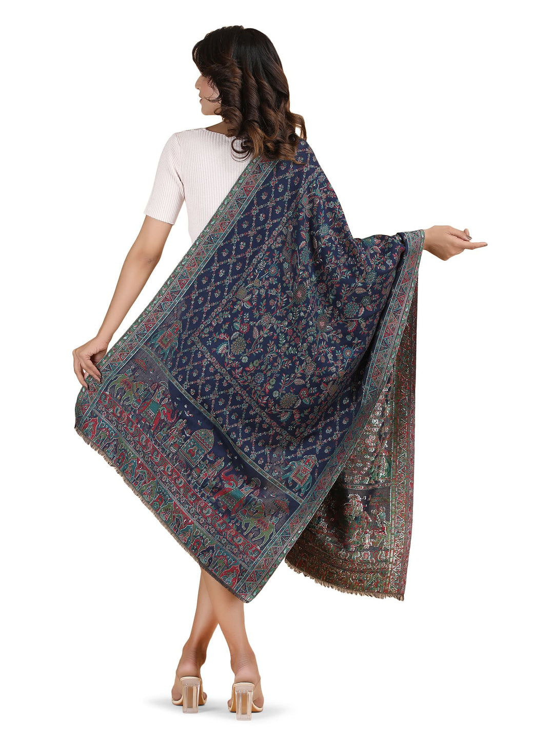 Him/Her Figurative Zari Modal Wool Stole - 265 - Navy Blue