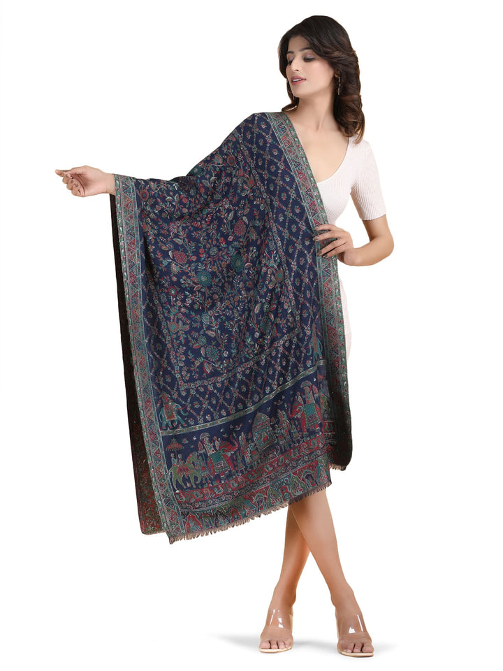 Him/Her Figurative Zari Modal Wool Stole - 265 - Navy Blue