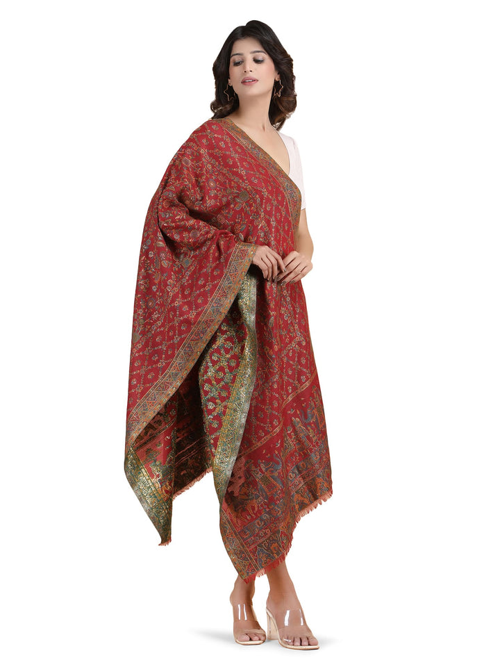 Him/Her Figurative Zari Modal Wool Stole - 266 - Red