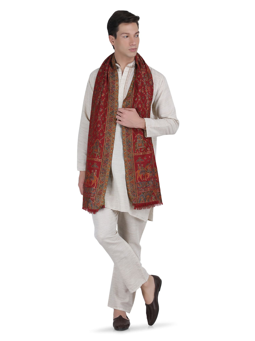 Him/Her Figurative Zari Modal Wool Stole - 266 - Red