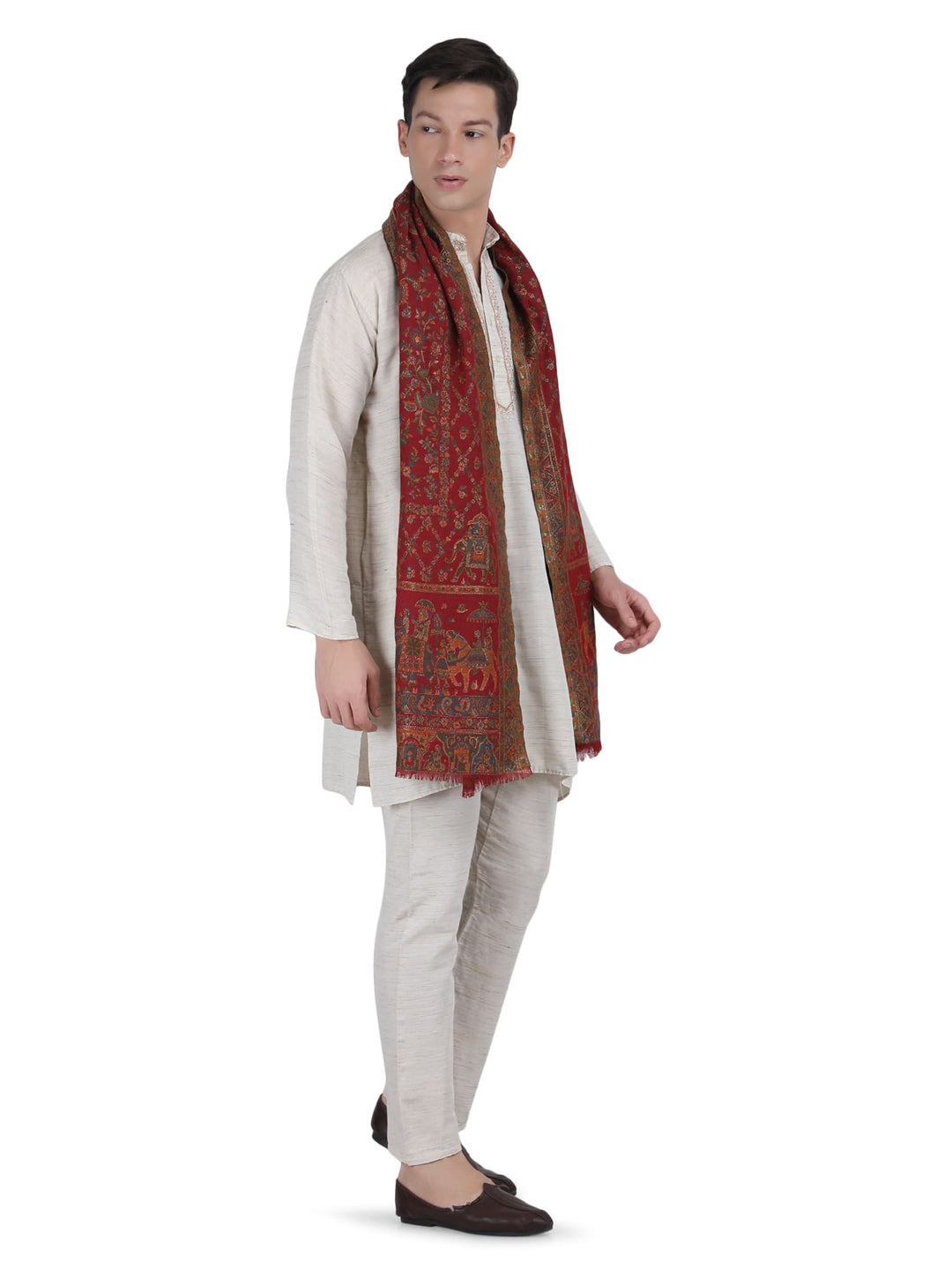 Him/Her Figurative Zari Modal Wool Stole - 266 - Red