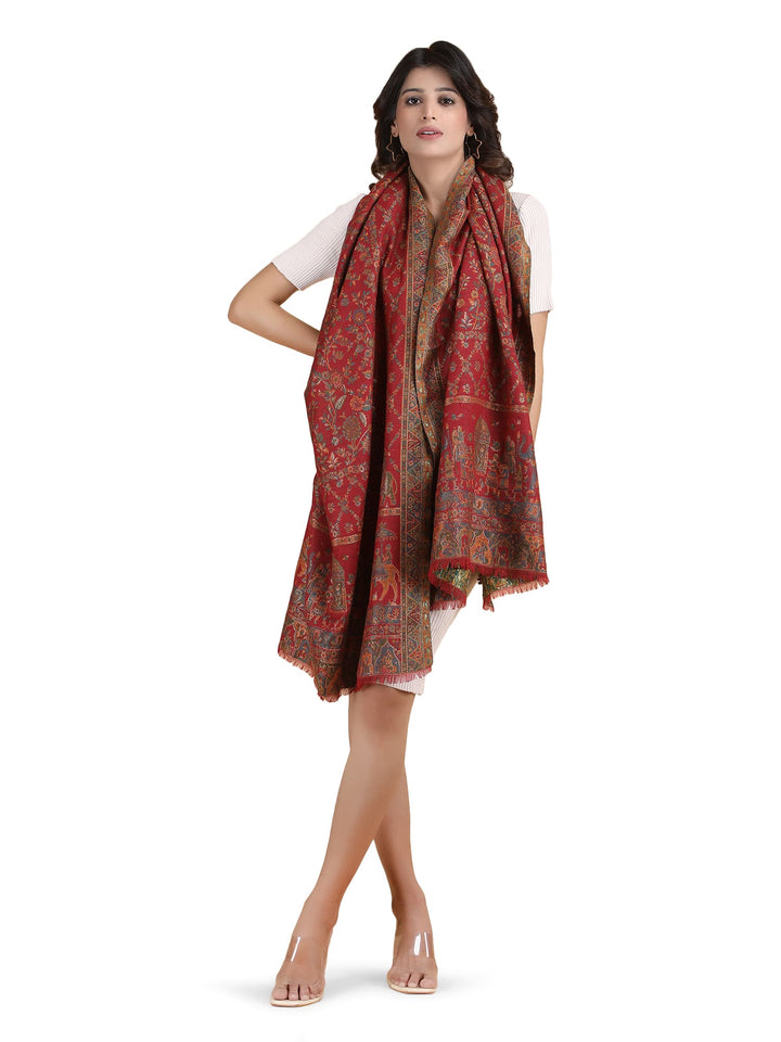 Him/Her Figurative Zari Modal Wool Stole - 266 - Red