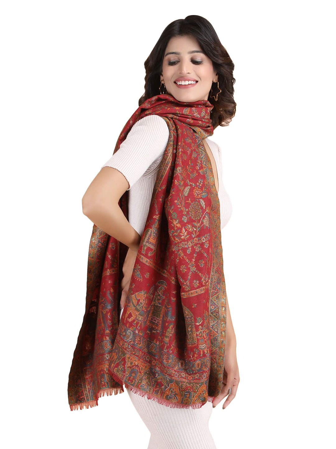 Him/Her Figurative Zari Modal Wool Stole - 266 - Red