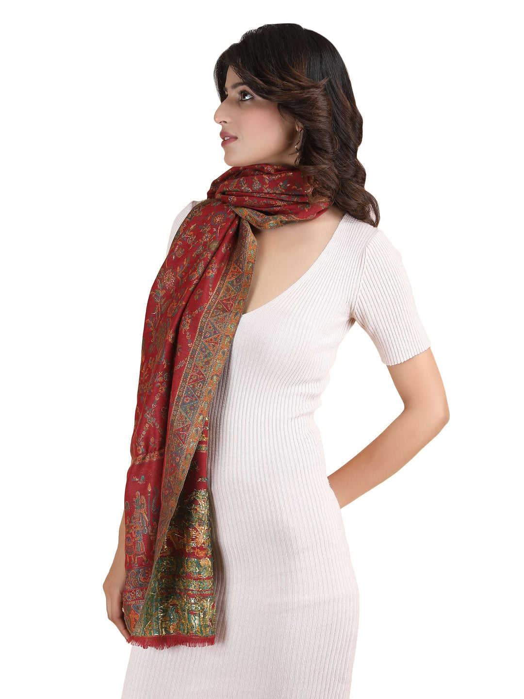 Him/Her Figurative Zari Modal Wool Stole - 266 - Red