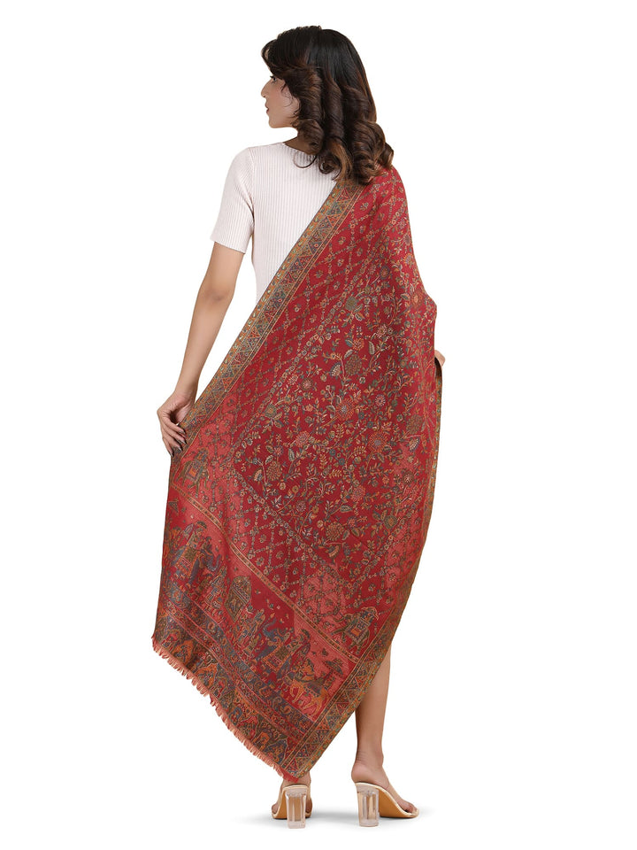 Him/Her Figurative Zari Modal Wool Stole - 266 - Red