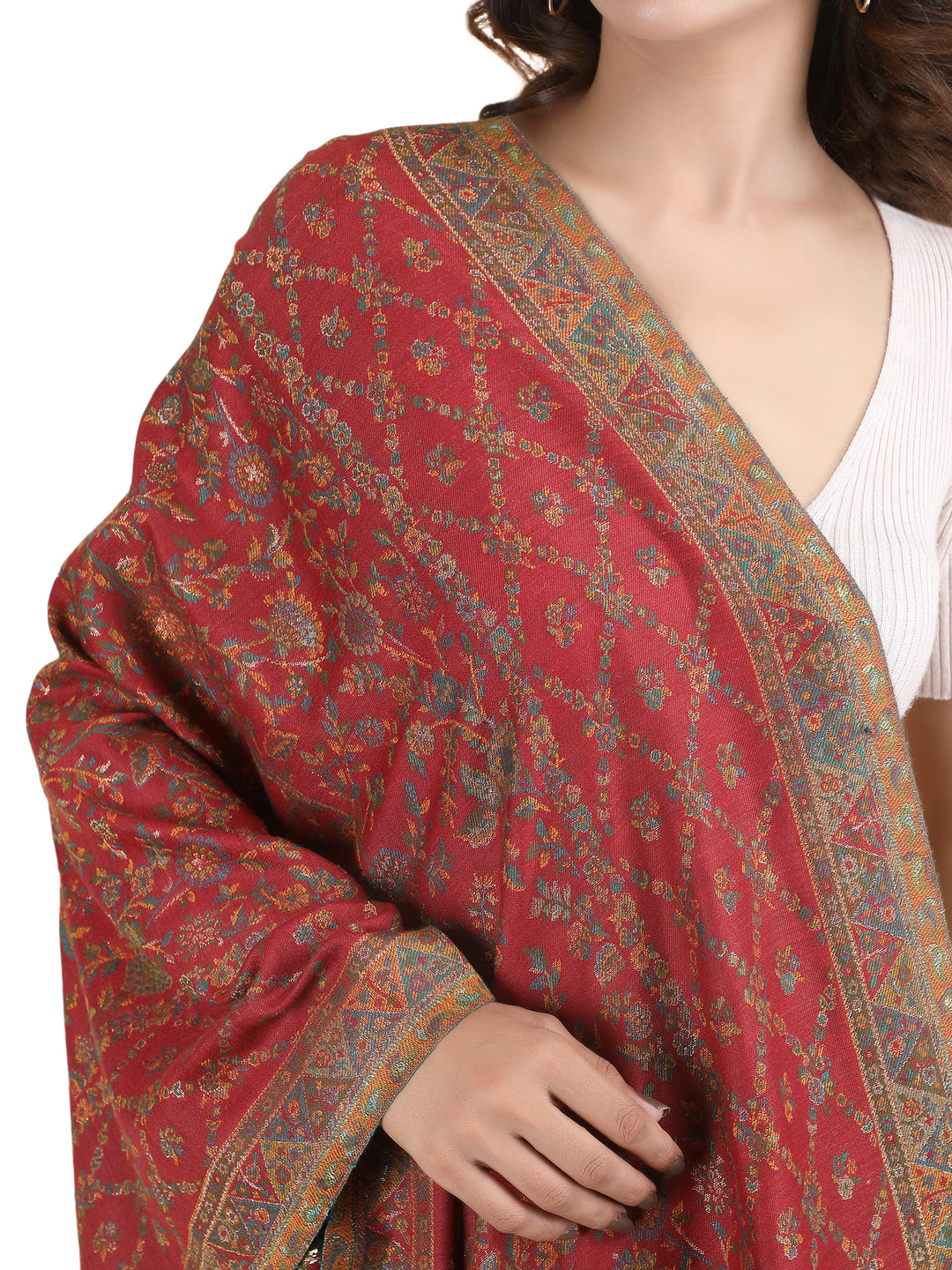 Him/Her Figurative Zari Modal Wool Stole - 266 - Red