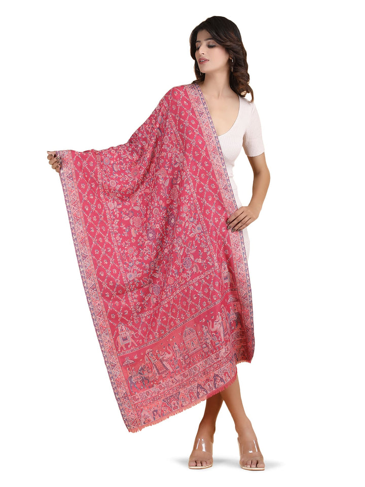 Him/Her Figurative Zari Modal Wool Stole - 267 - Rani Pink