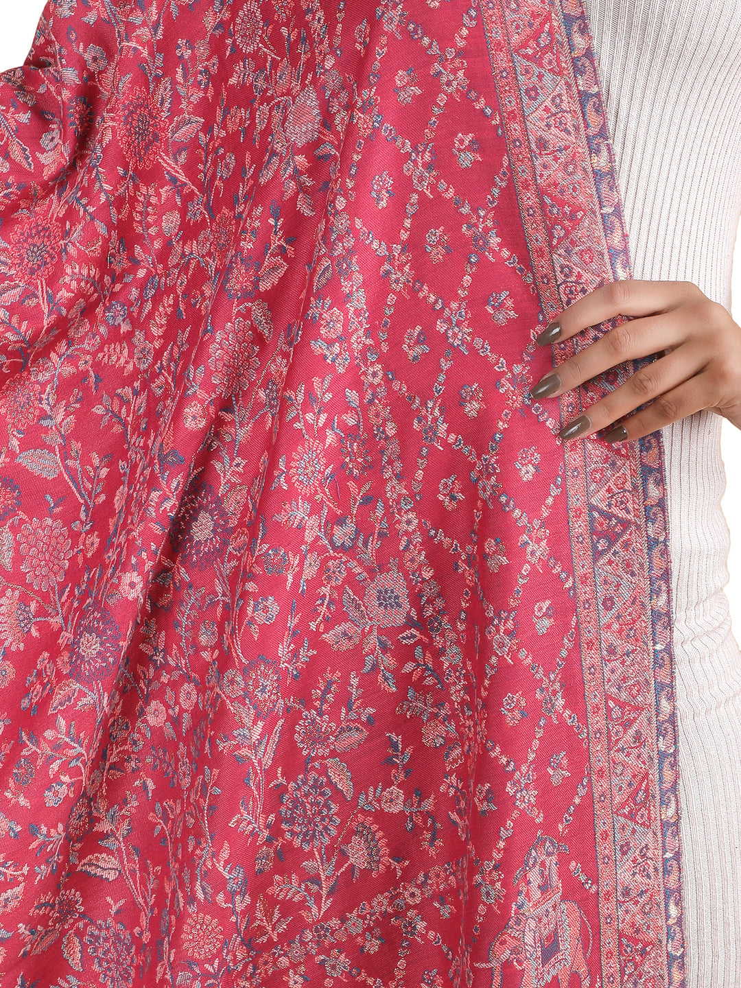 Him/Her Figurative Zari Modal Wool Stole - 267 - Rani Pink