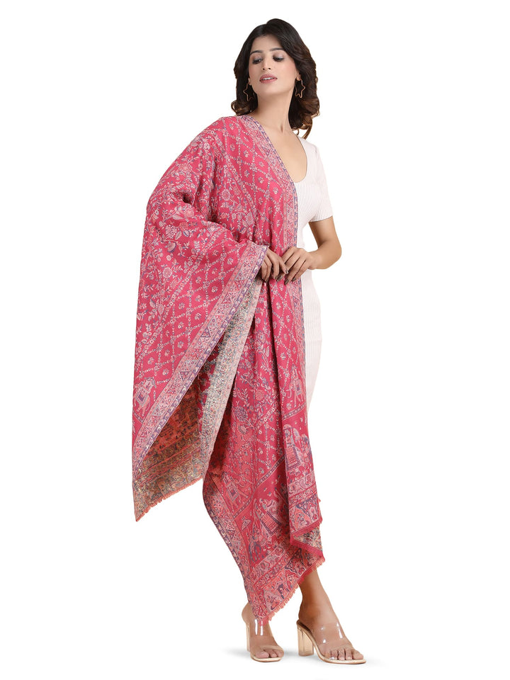 Him/Her Figurative Zari Modal Wool Stole - 267 - Rani Pink