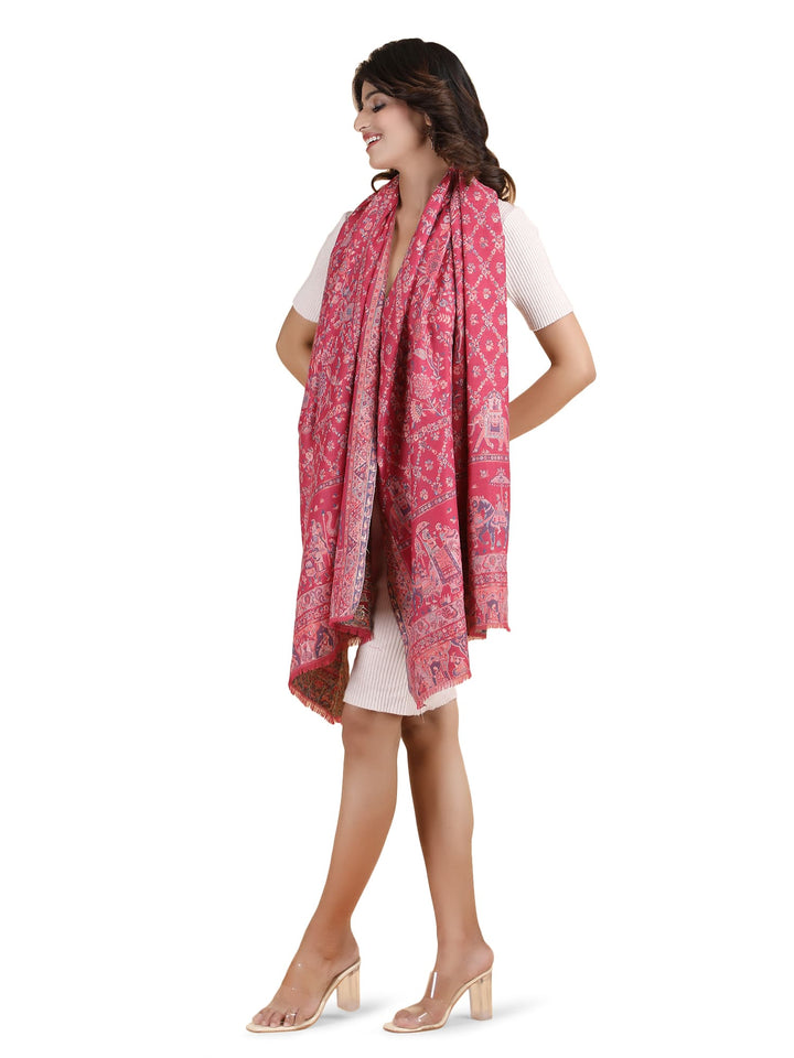 Him/Her Figurative Zari Modal Wool Stole - 267 - Rani Pink