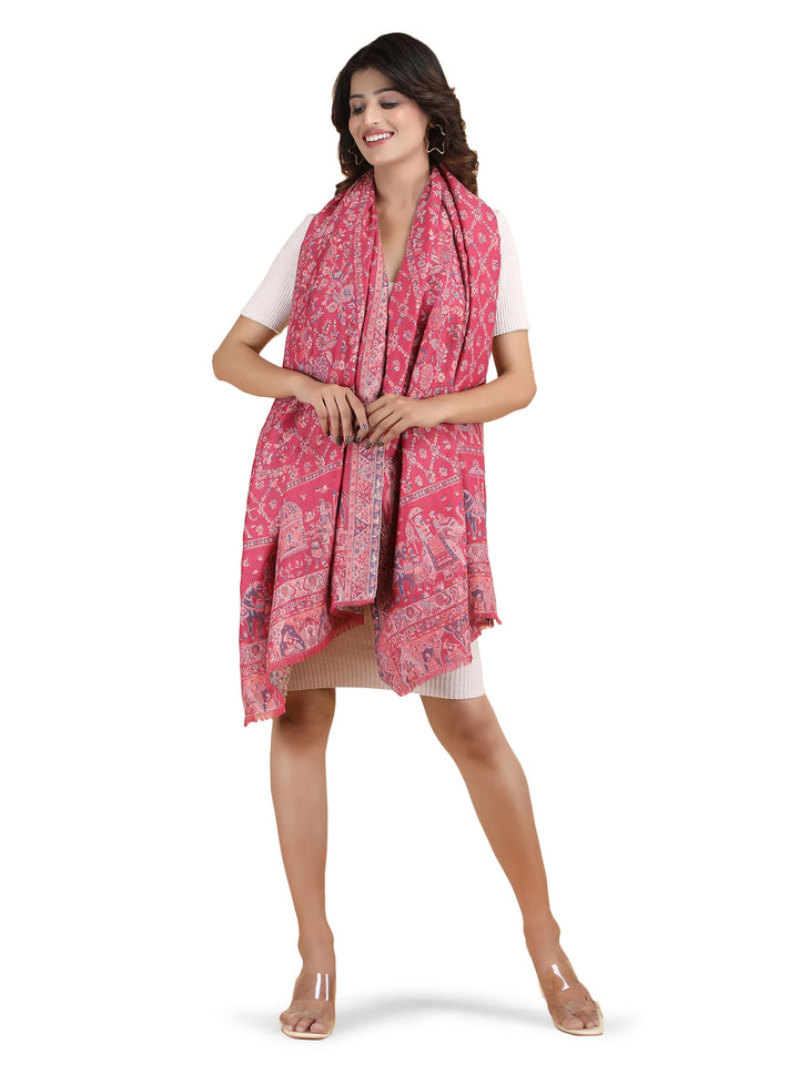 Him/Her Figurative Zari Modal Wool Stole - 267 - Rani Pink