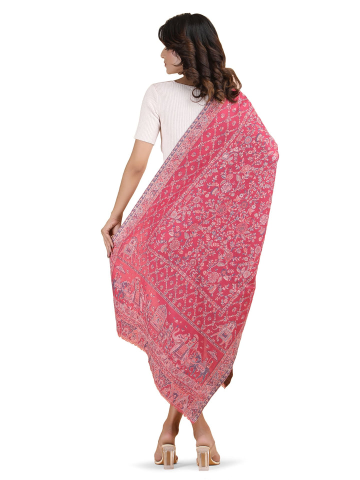 Him/Her Figurative Zari Modal Wool Stole - 267 - Rani Pink