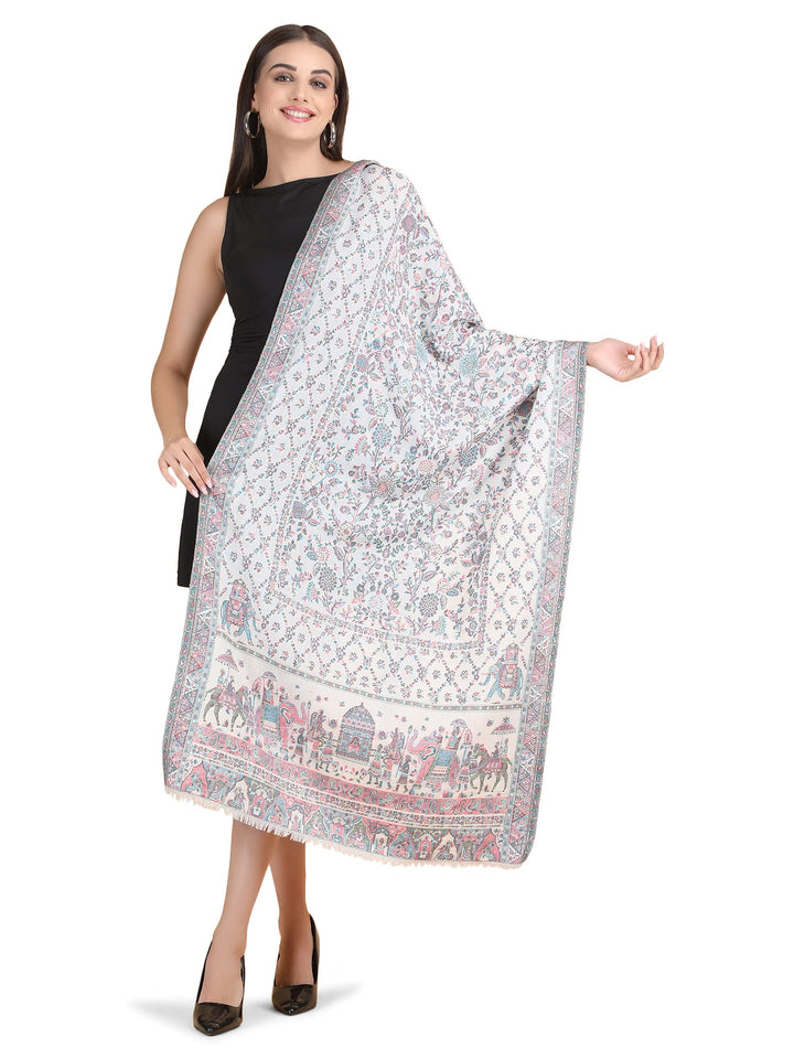 Him/Her Figurative Zari Modal Wool Stole - 268 - White