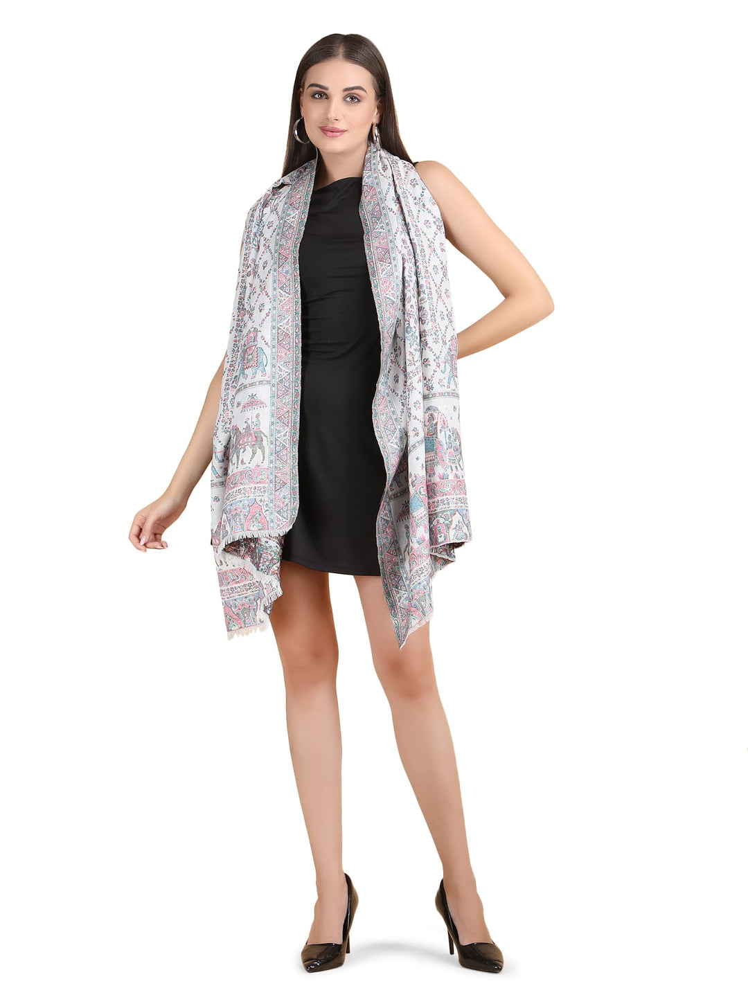 Him/Her Figurative Zari Modal Wool Stole - 268 - White