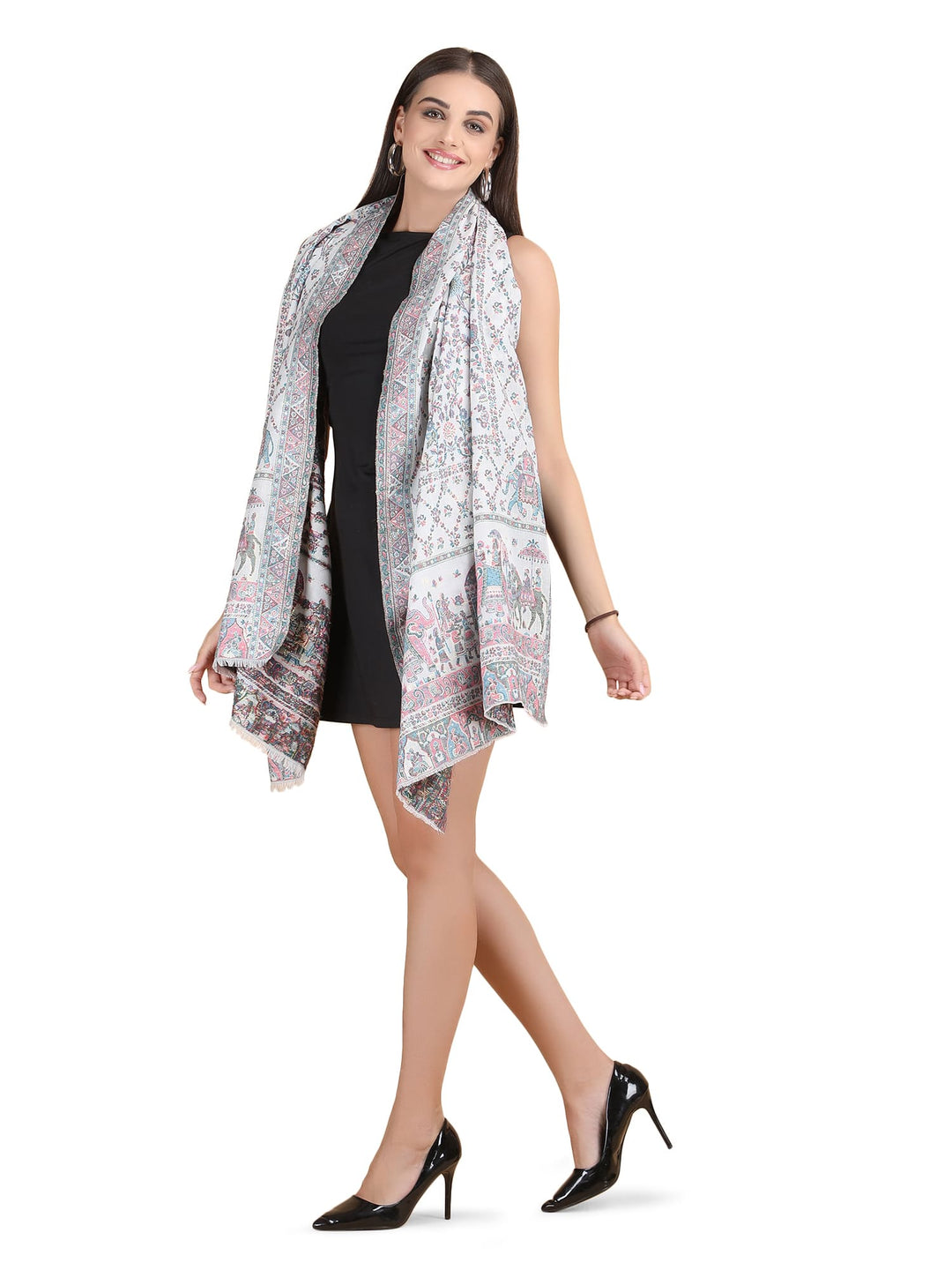 Him/Her Figurative Zari Modal Wool Stole - 268 - White