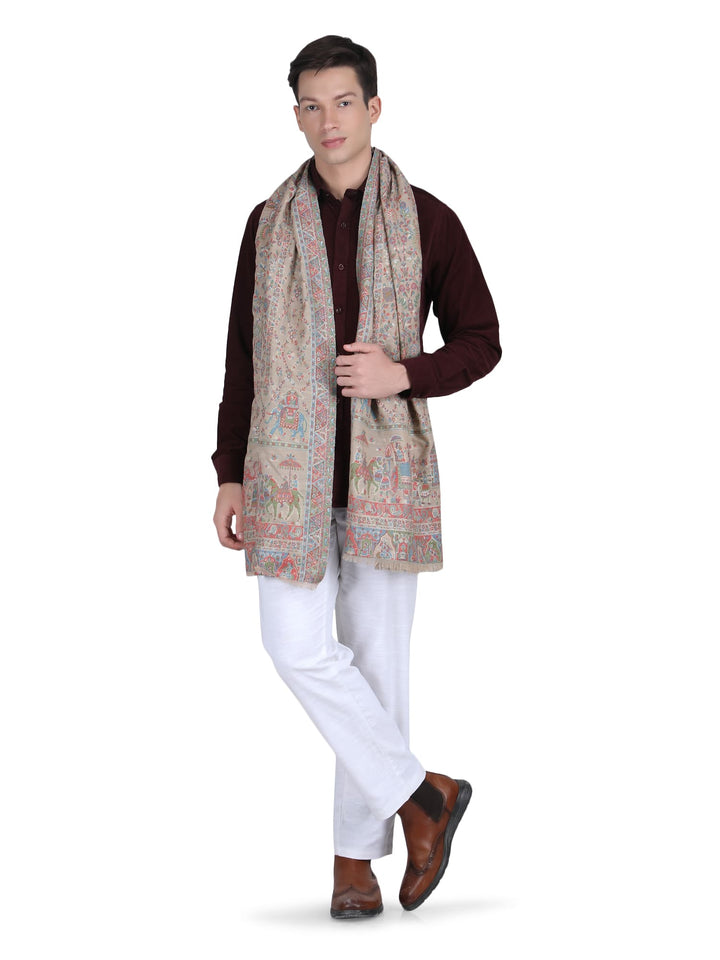 Him/Her Figurative Zari Modal Wool Stole - 269 - Beige