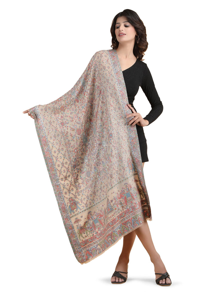 Him/Her Figurative Zari Modal Wool Stole - 269 - Biege