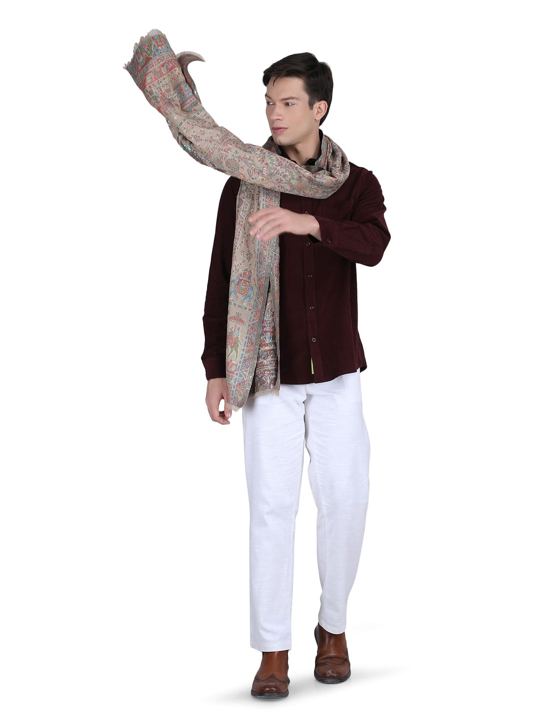 Him/Her Figurative Zari Modal Wool Stole - 269 - Biege