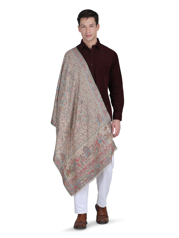 Him/Her Figurative Zari Modal Wool Stole - 269 - Beige