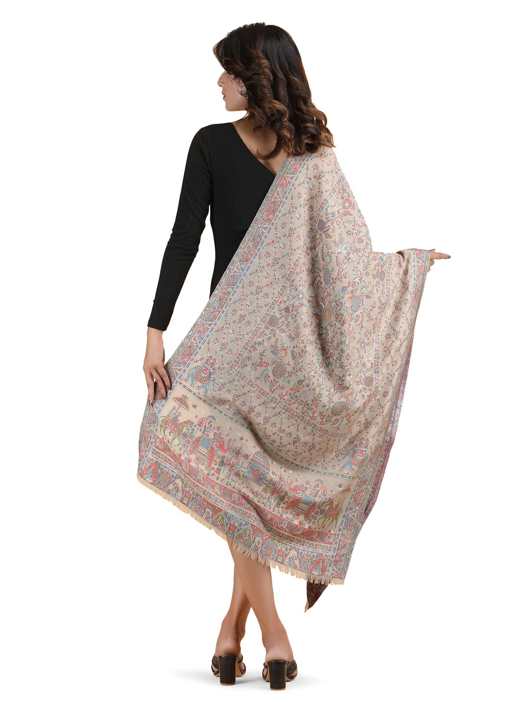 Him/Her Figurative Zari Modal Wool Stole - 269 - Biege