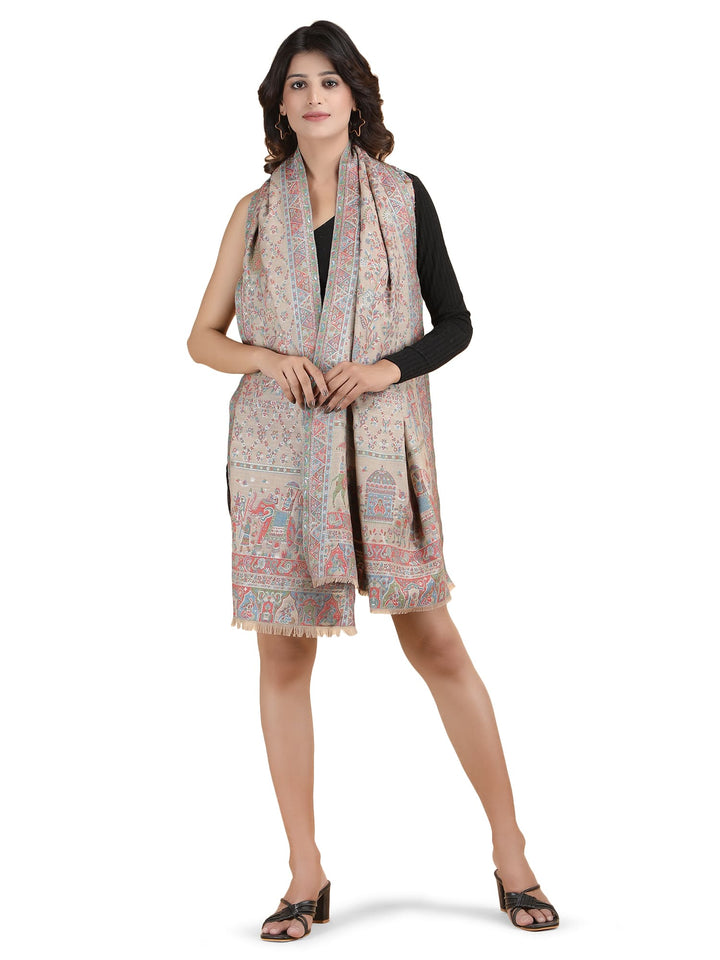 Him/Her Figurative Zari Modal Wool Stole - 269 - Biege