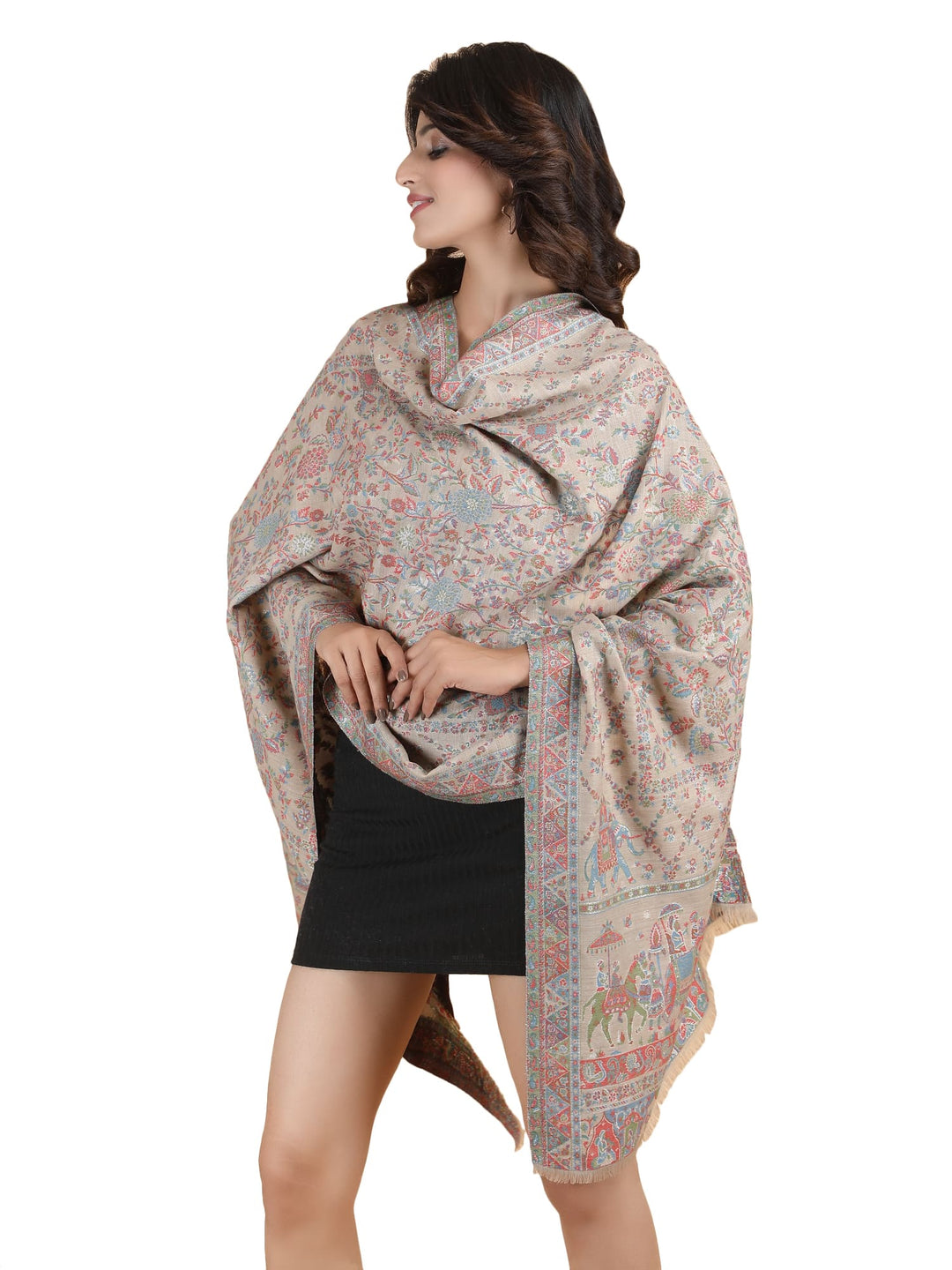 Him/Her Figurative Zari Modal Wool Stole - 269 - Biege