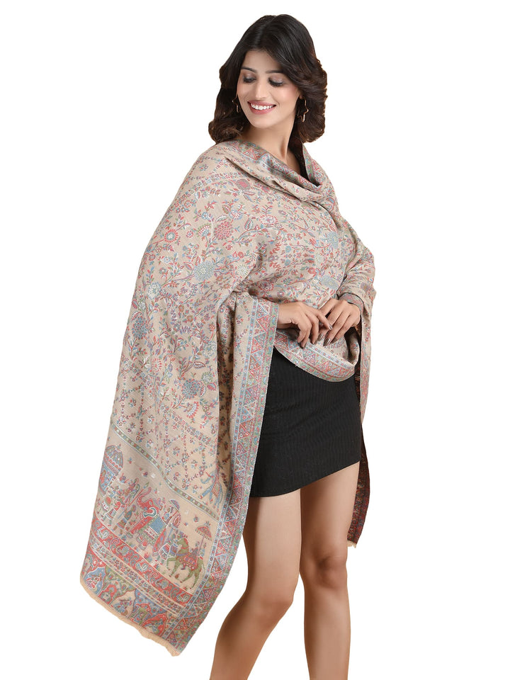 Him/Her Figurative Zari Modal Wool Stole - 269 - Beige