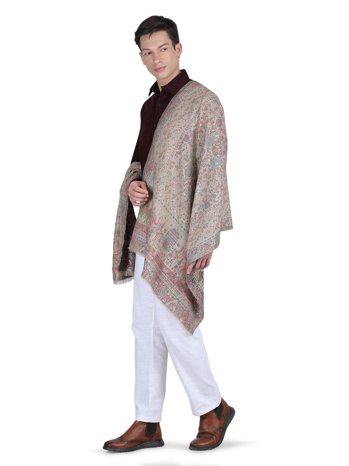 Him/Her Figurative Zari Modal Wool Stole - 269 - Biege