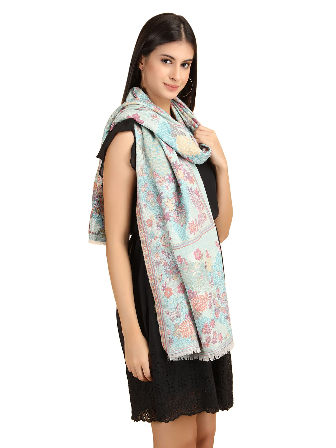 Him/Her Gardenia Acro Wool Zari Stoles- 277 - Blue