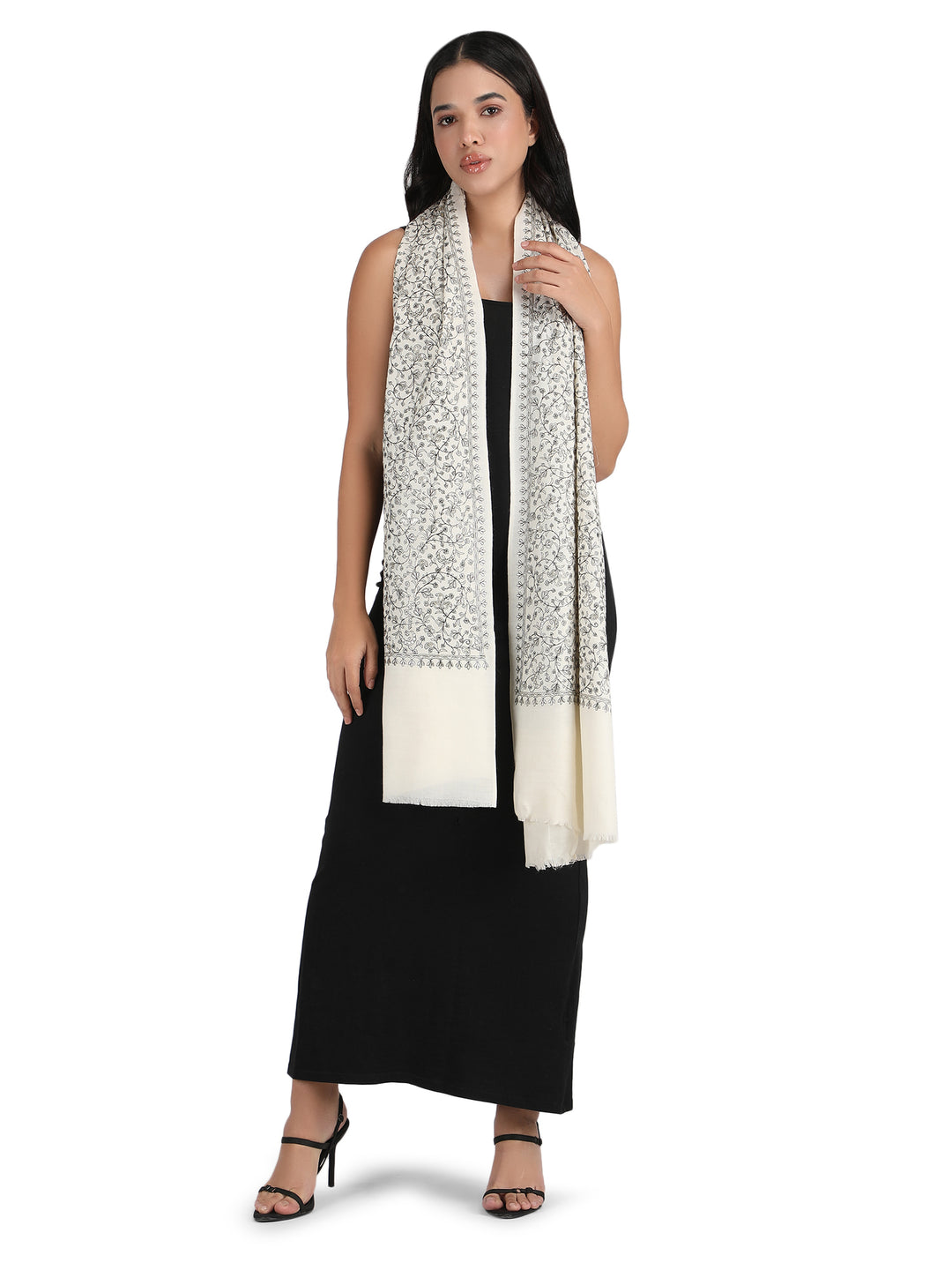 Him/Her White Zari Floral 100% Fine Wool Stole - 294