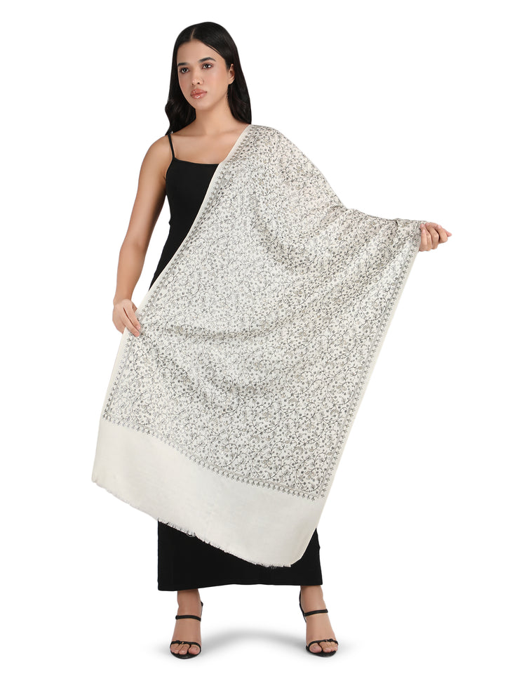 Him/Her White Zari Floral 100% Fine Wool Stole - 294