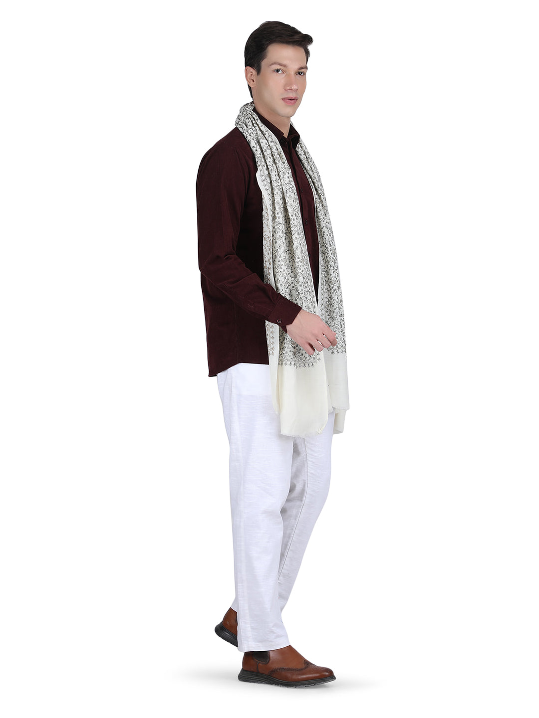 White Zari Floral 100% Fine Wool Stole - 294