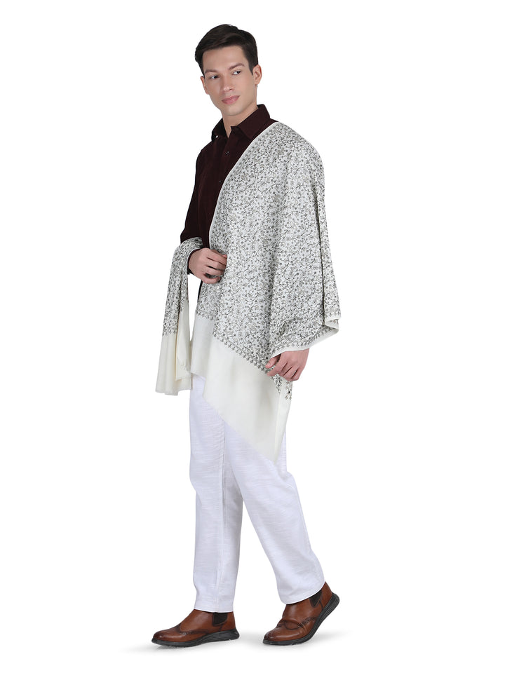 Him/Her White Zari Floral 100% Fine Wool Stole - 294