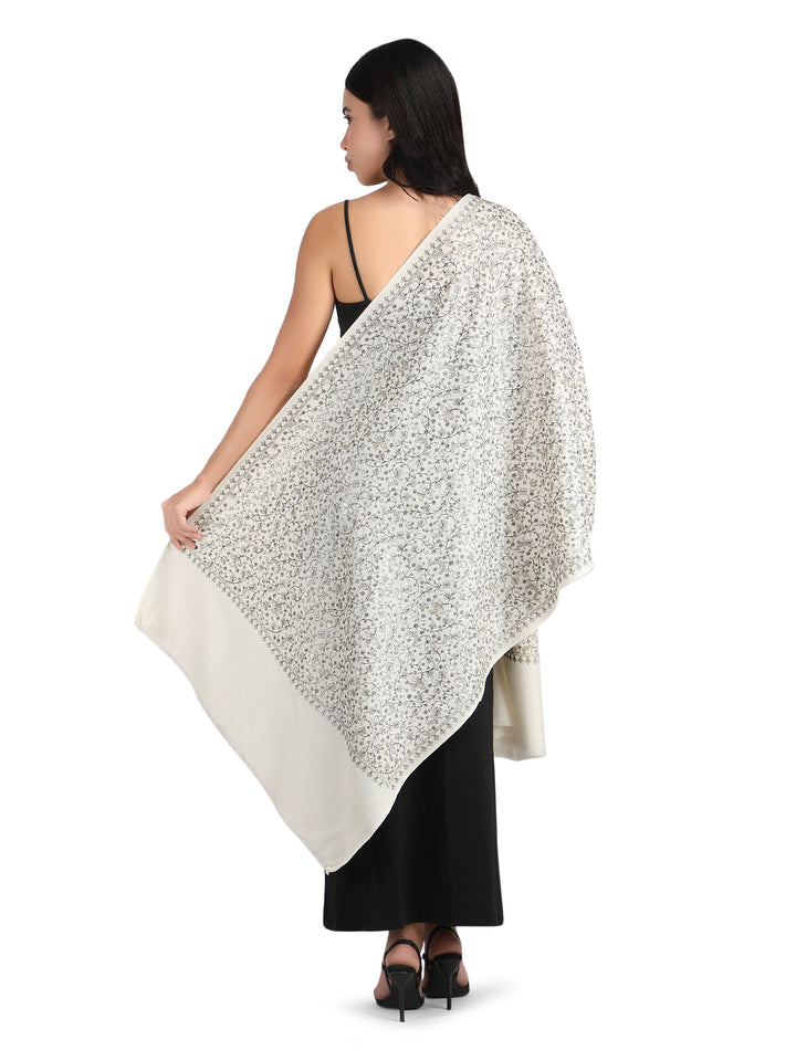 Him/Her White Zari Floral 100% Fine Wool Stole - 294