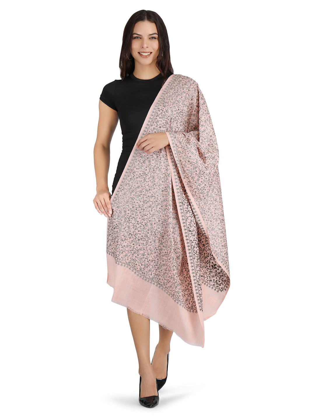 Pink 100% Fine Wool Stole With Zari Florals - 297