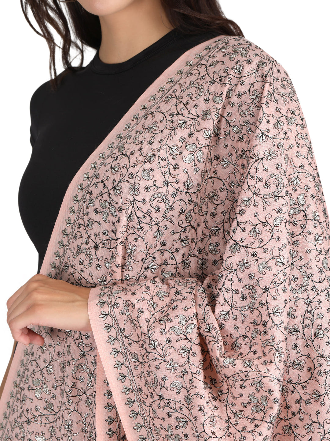 Pink 100% Fine Wool Stole With Zari Florals - 297