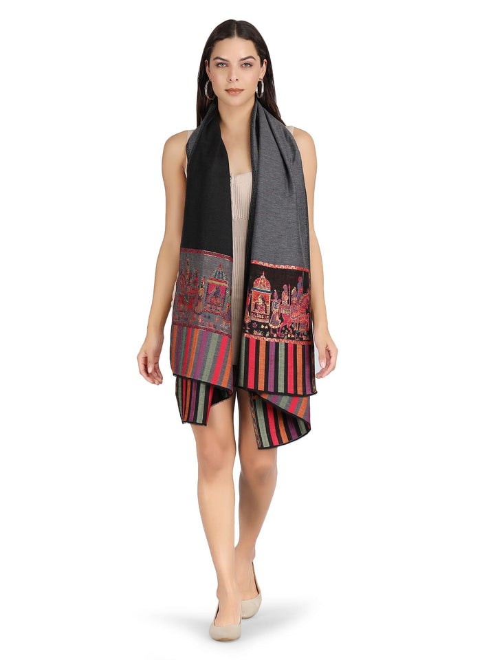 Him/Her Baarat Reversible Fine Wool Stole With Zari Work - Black & Grey